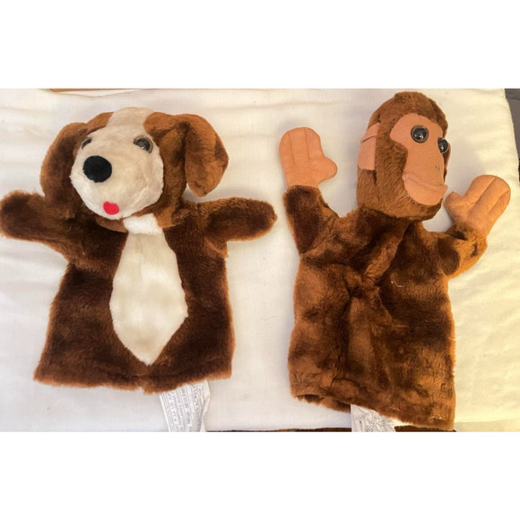 2 Hand Puppet Mighty Star Plush Stuffed MONKEY & DOG - Picture 1 of 3